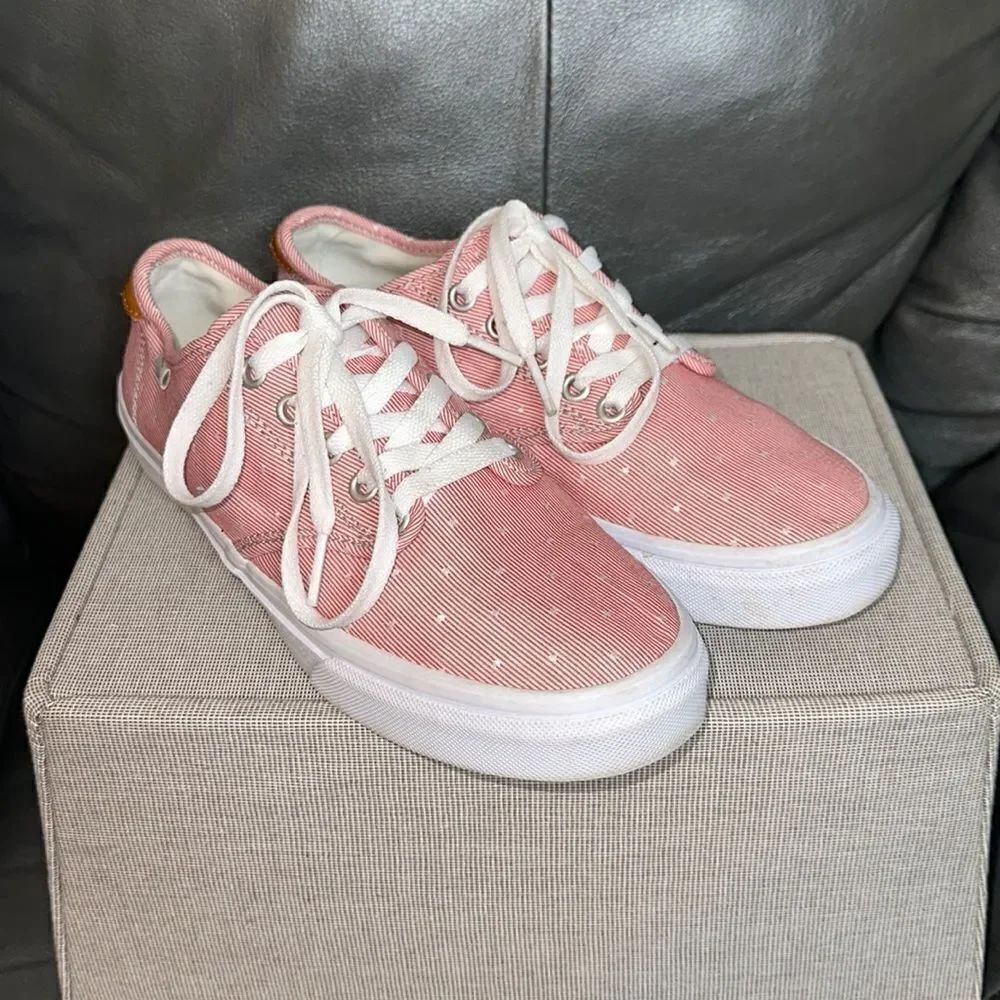 VANS Women’s 8 Pink White Pinstripe Diamond Polka Lace Skateboard Sneakers